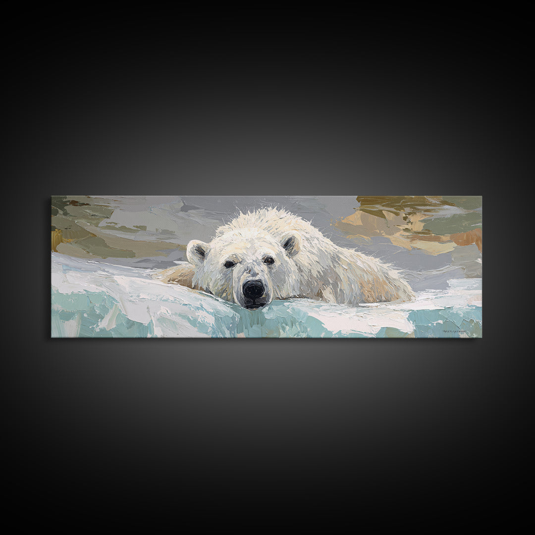 Polar Bear Crossing Blue Ice Canvas Print, Wildlife Art, Luxury Decor, Living Room Decor, Abstract Art, Wild, Oil Painting, WIL-3x1-31
