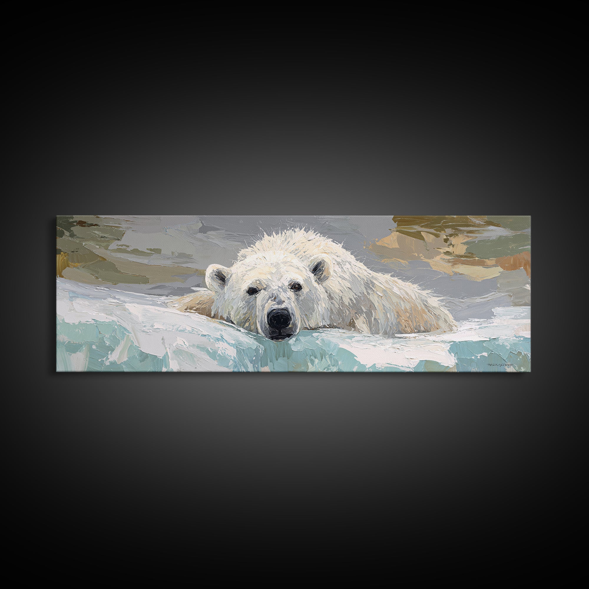 Polar Bear Crossing Blue Ice Canvas Print, Wildlife Art, Luxury Decor, Living Room Decor, Abstract Art, Wild, Oil Painting, WIL-3x1-31