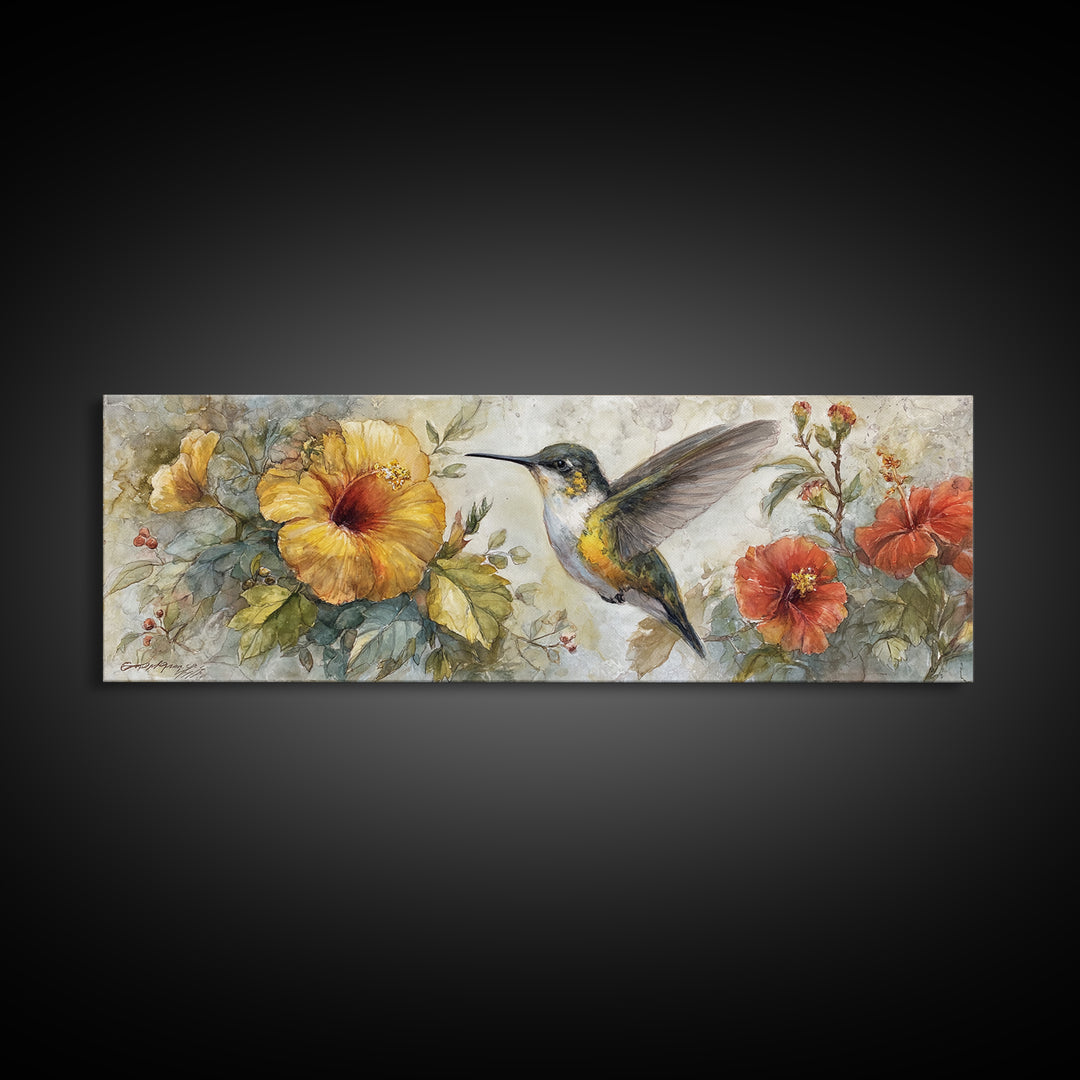 Hummingbird Beside Bright Flowers Framed Canvas Print, Wildlife Art, Unique Home Decor, Living Room Decor, Fine Art, Wild, WIL-3x1-32
