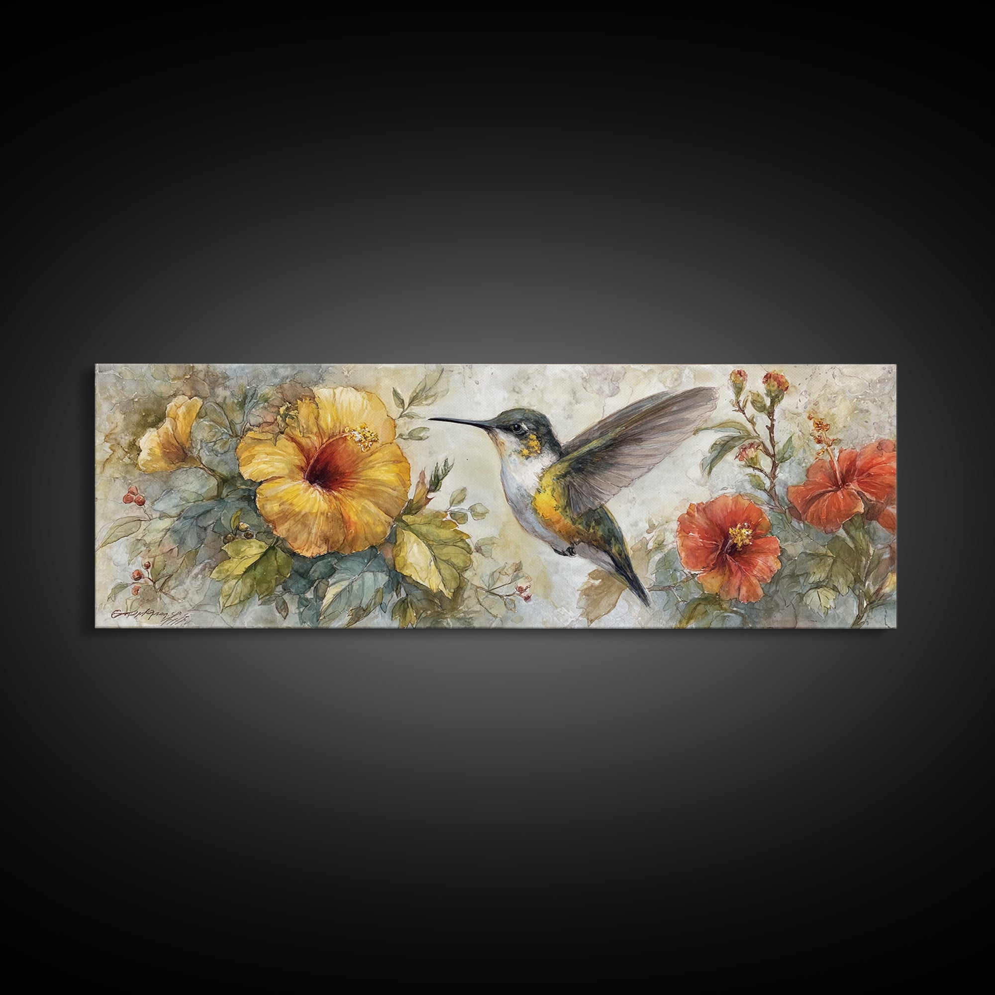 Hummingbird Beside Bright Flowers Framed Canvas Print, Wildlife Art, Unique Home Decor, Living Room Decor, Fine Art, Wild, WIL-3x1-32