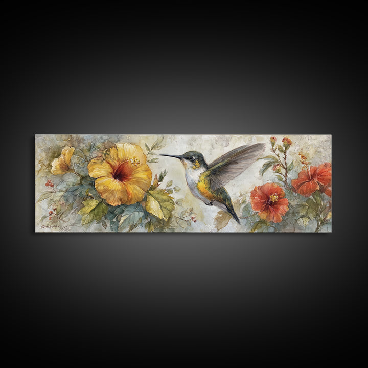 Hummingbird Beside Bright Flowers Framed Canvas Print, Wildlife Art, Unique Home Decor, Living Room Decor, Fine Art, Wild, WIL-3x1-32