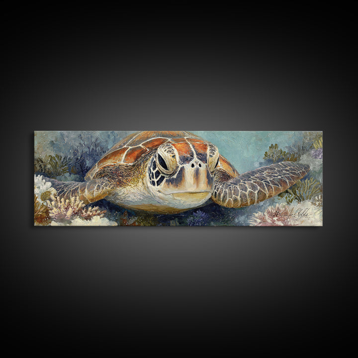 Sea Turtle over Coral Reef Canvas Print, Wildlife Art, Digital Wall Art, Living Room Decor, Abstract Art, Wild, Modern Art, WIL-3x1-34
