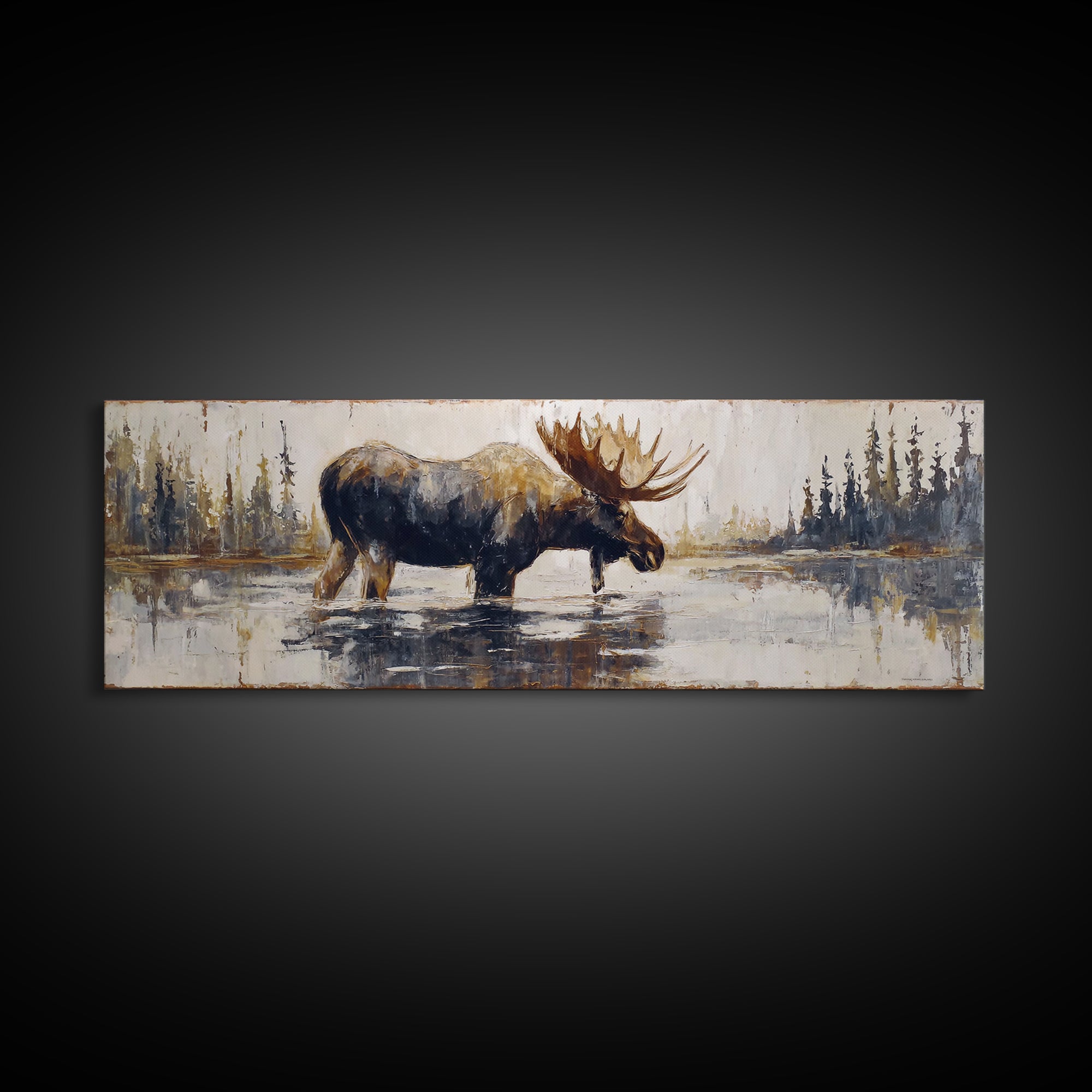 Moose Standing in Reflective Lake Canvas Print, Wildlife Art, Living Room Decor, Oil Painting, Wild, Digital Wall Art, WIL-3x1-35
