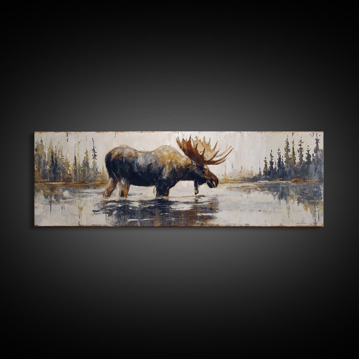 Moose Standing in Reflective Lake Canvas Print, Wildlife Art, Living Room Decor, Oil Painting, Wild, Digital Wall Art, WIL-3x1-35