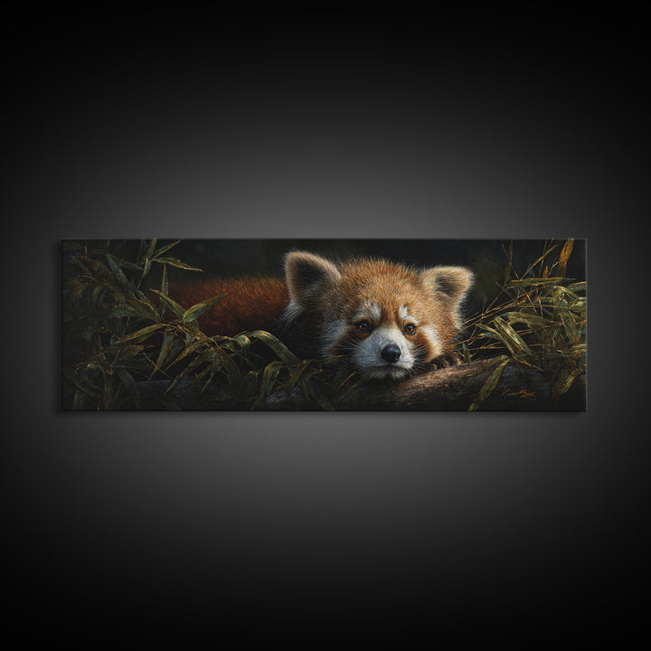 Red Panda Among Bamboo Leaves Canvas Print, Wildlife Art, Original Artwork, Living Room Decor, Fine Art, Wild, Minimalist Decor, WIL-3x1-36
