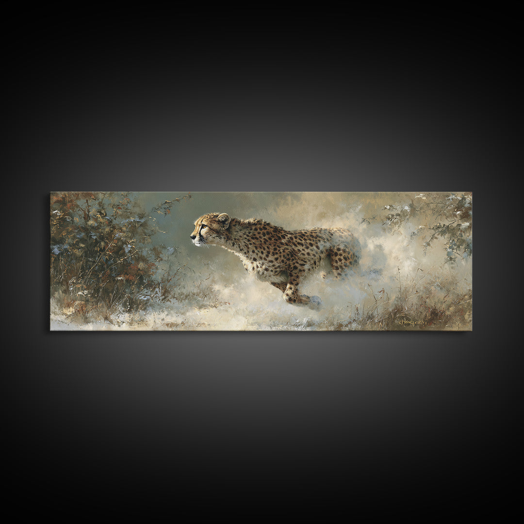 Cheetah Running Through Warm Dust Framed Canvas Print, Wildlife Art, Living Room Wall Art, Living Room Decor, Watercolor Art, WIL-3x1-37