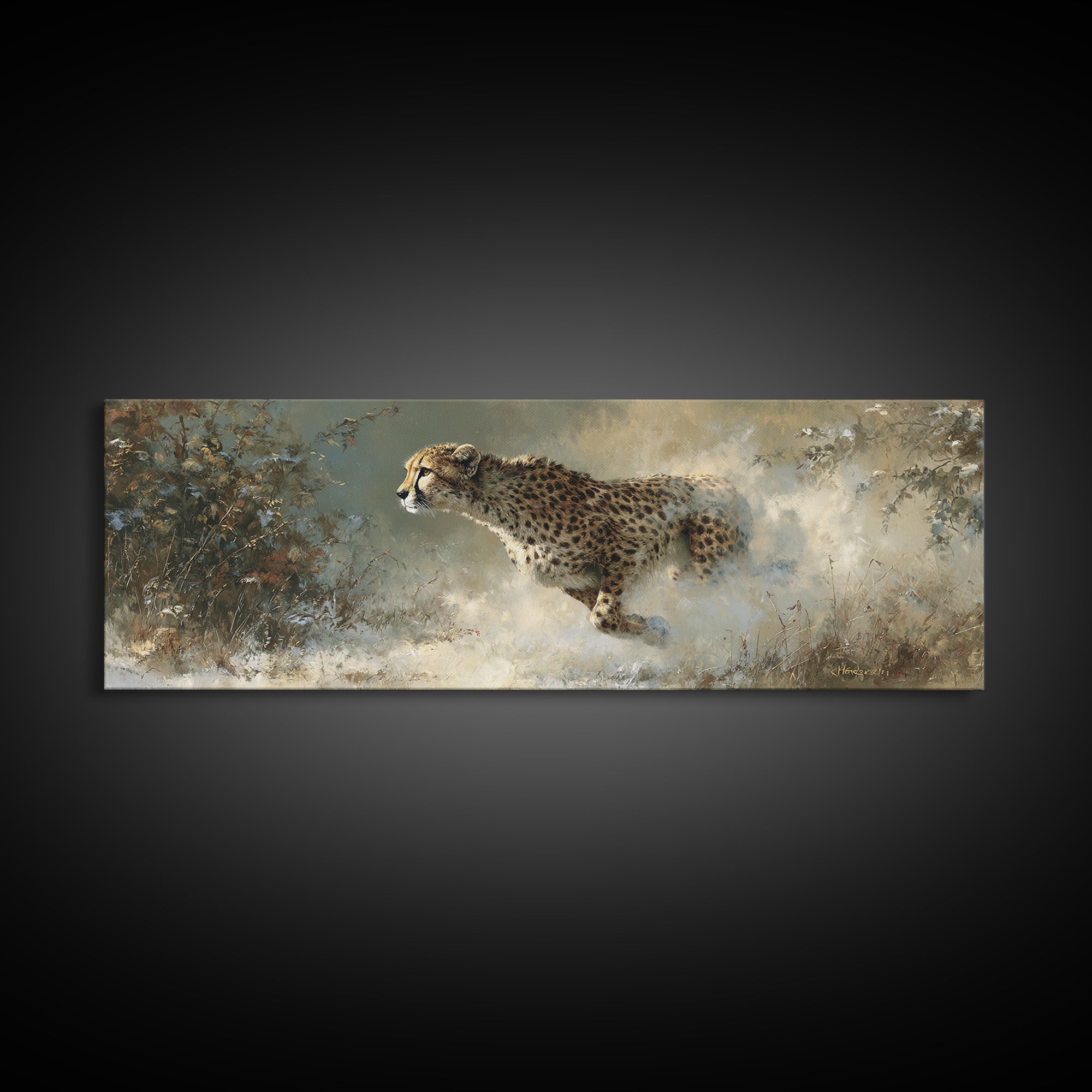 Cheetah Running Through Warm Dust Framed Canvas Print, Wildlife Art, Living Room Wall Art, Living Room Decor, Watercolor Art, WIL-3x1-37