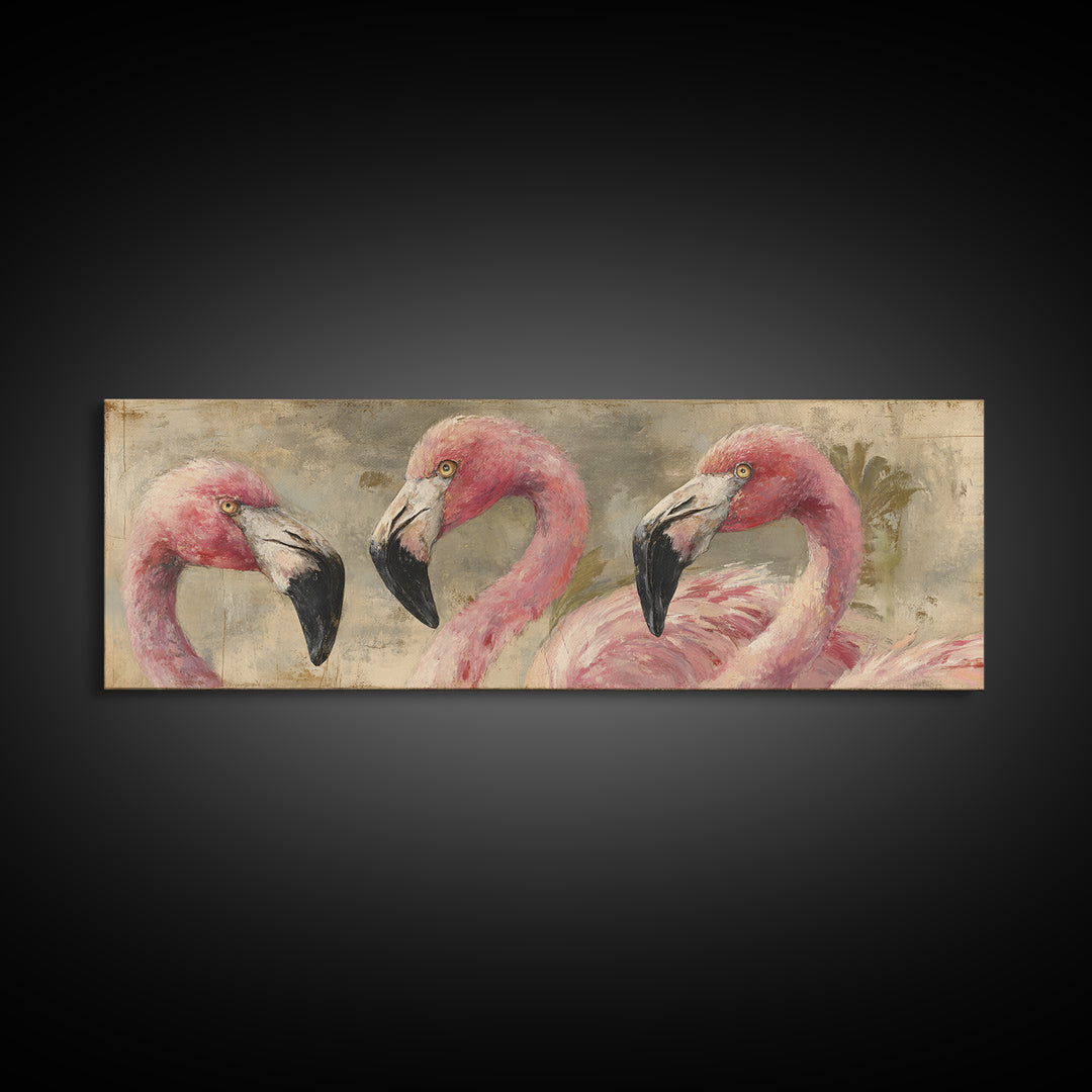 Flamingos in Pink Shallow Water Canvas Print, Wildlife Art, Large Wall Art, Living Room Decor, Fine Art, Wild, Landscape Art, WIL-3x1-38