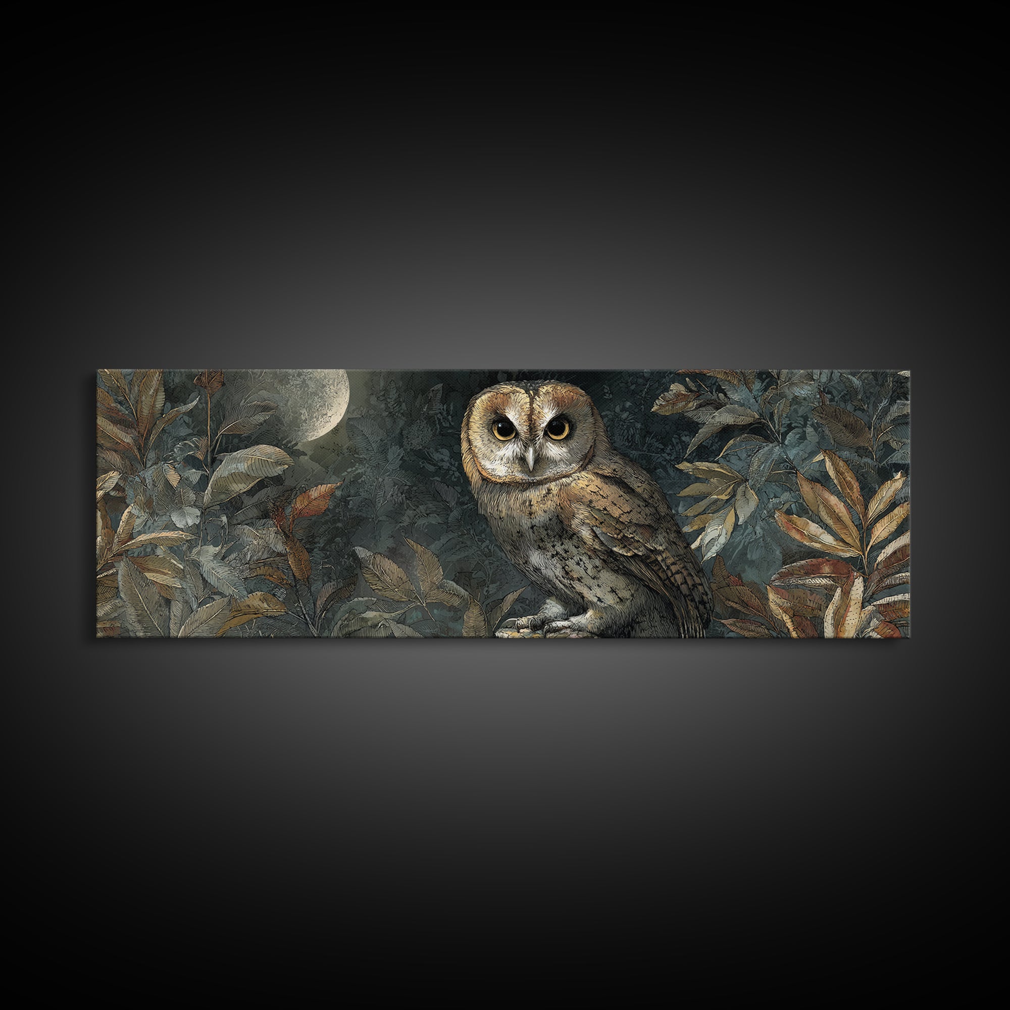 Owl Perched in Moonlit Woodland Canvas Print, Wildlife Art, Digital Download Art, Living Room Decor, Watercolor Art, Wild, WIL-3x1-4