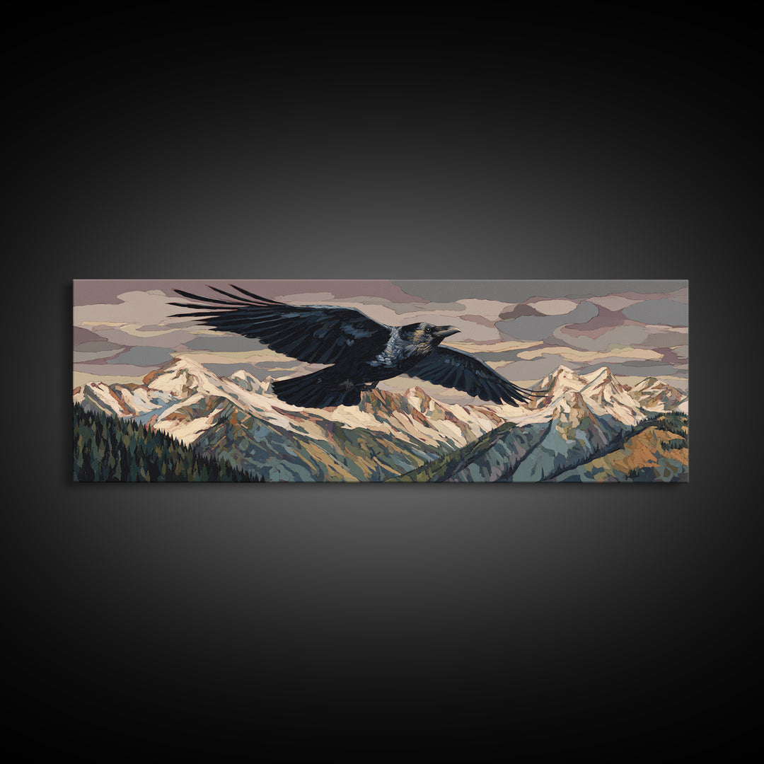 Raven Flying Through Snowy Mountains Canvas Print, Wildlife Art, Gallery Decor, Living Room Decor, Oil Painting, Wild, WIL-3x1-40