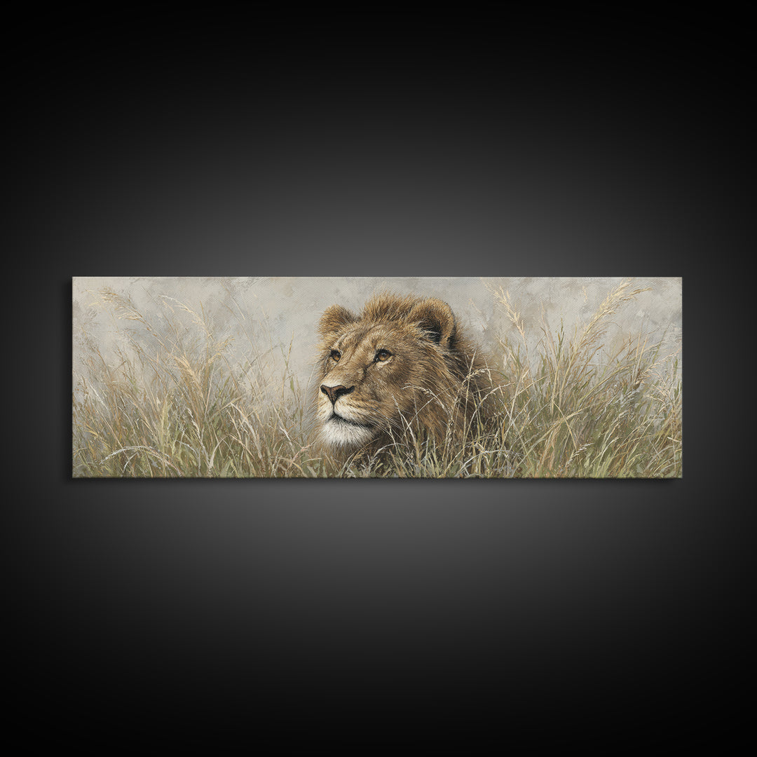 Lion Emerging from Golden Savanna Grass Canvas Print, Wildlife Art, Living Room Art, Living Room Decor, Watercolor Art, Wild, WIL-3x1-41