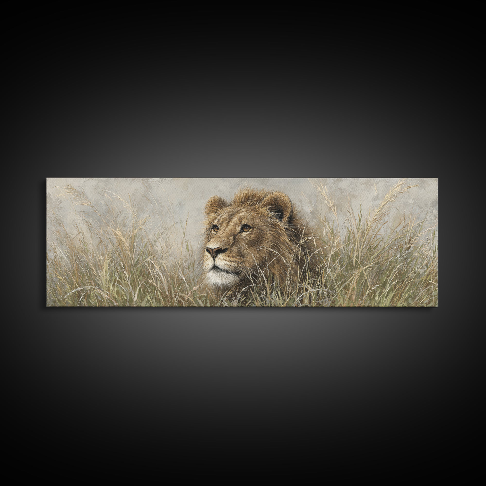 Lion Emerging from Golden Savanna Grass Canvas Print, Wildlife Art, Living Room Art, Living Room Decor, Watercolor Art, Wild, WIL-3x1-41