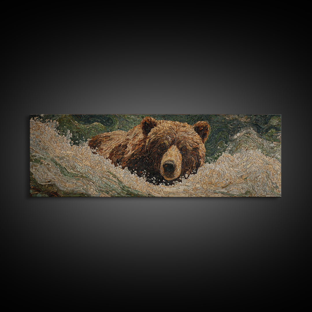 Bear Fishing in Rushing Mountain River Framed Canvas Print, Wildlife Art, Neutral Decor, Living Room Decor, Fine Art, Wild, WIL-3x1-44