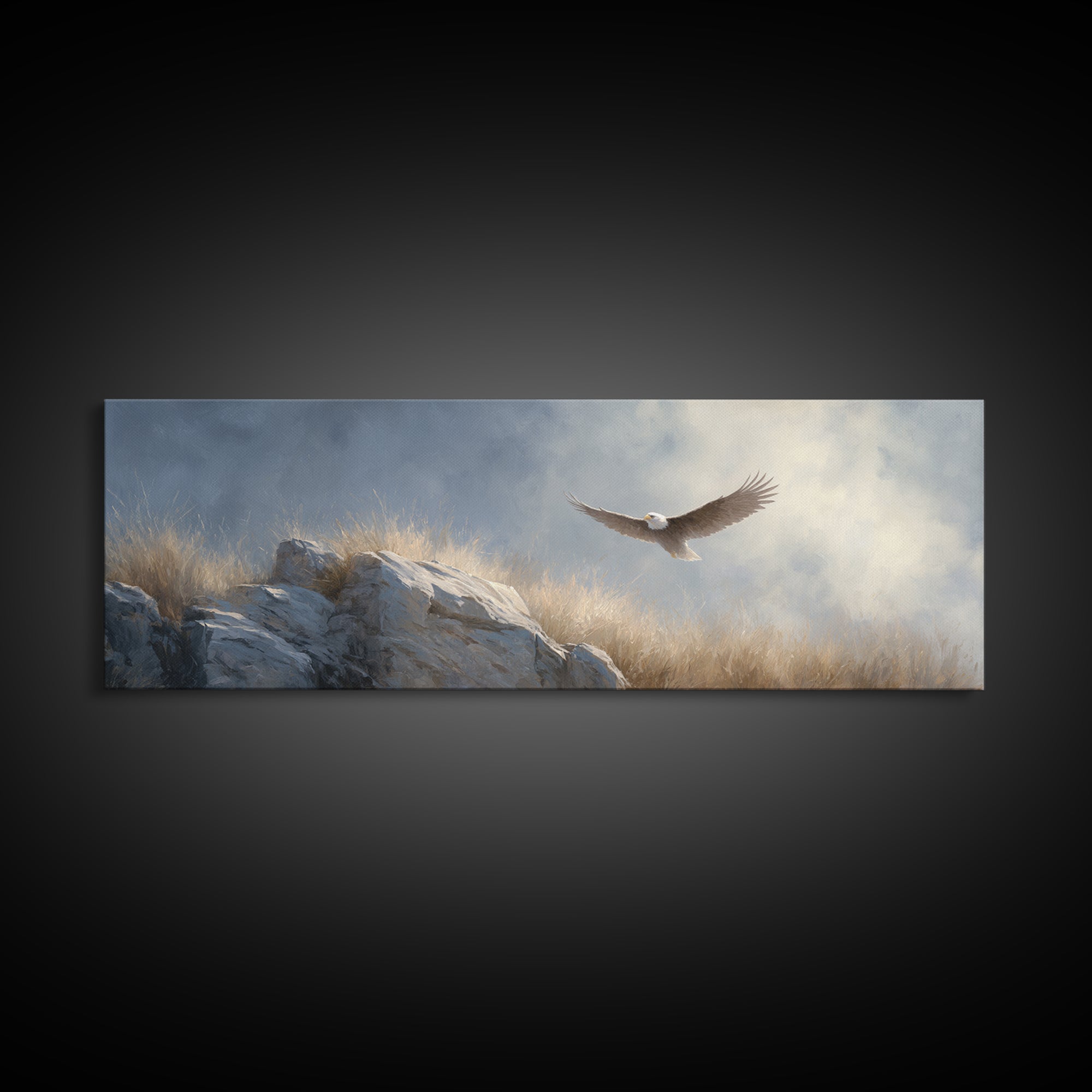 Eagle Soaring Above Rocky Cliffs Canvas Print, Wildlife Art, Canvas Print, Living Room Decor, Fine Art, Wild, Forest Wall Art, WIL-3x1-46