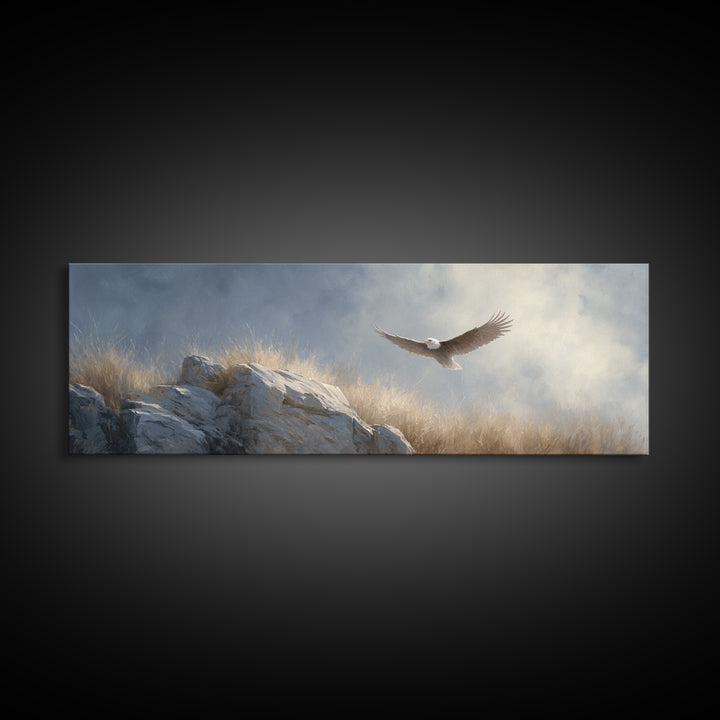 Eagle Soaring Above Rocky Cliffs Canvas Print, Wildlife Art, Canvas Print, Living Room Decor, Fine Art, Wild, Forest Wall Art, WIL-3x1-46