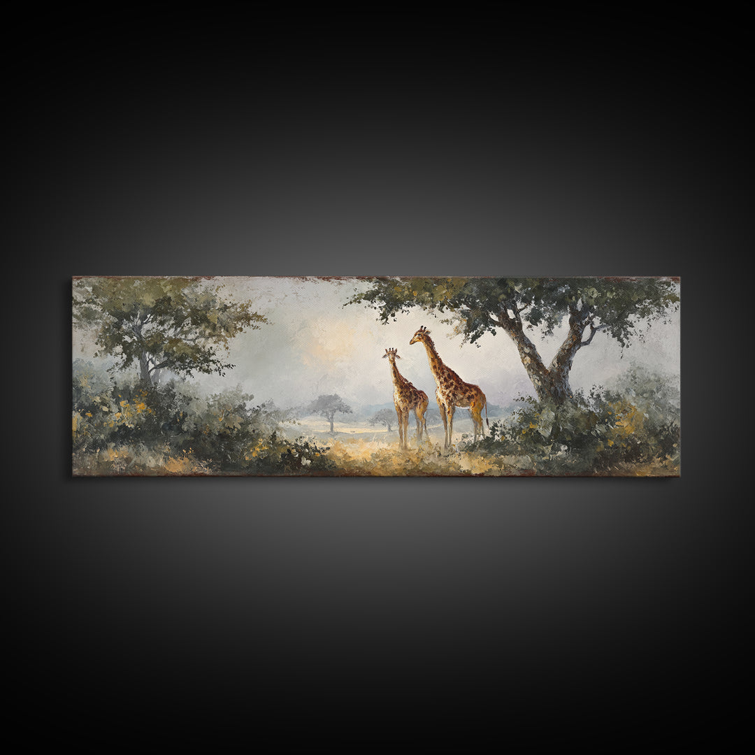 Giraffe Pair under Acacia Tree Framed Canvas Print, Wildlife Art, Wall Decor, Living Room Decor, Oil Painting, Wild, Bird Art, WIL-3x1-47