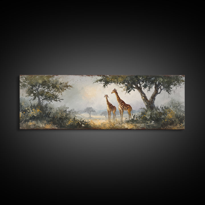 Giraffe Pair under Acacia Tree Framed Canvas Print, Wildlife Art, Wall Decor, Living Room Decor, Oil Painting, Wild, Bird Art, WIL-3x1-47