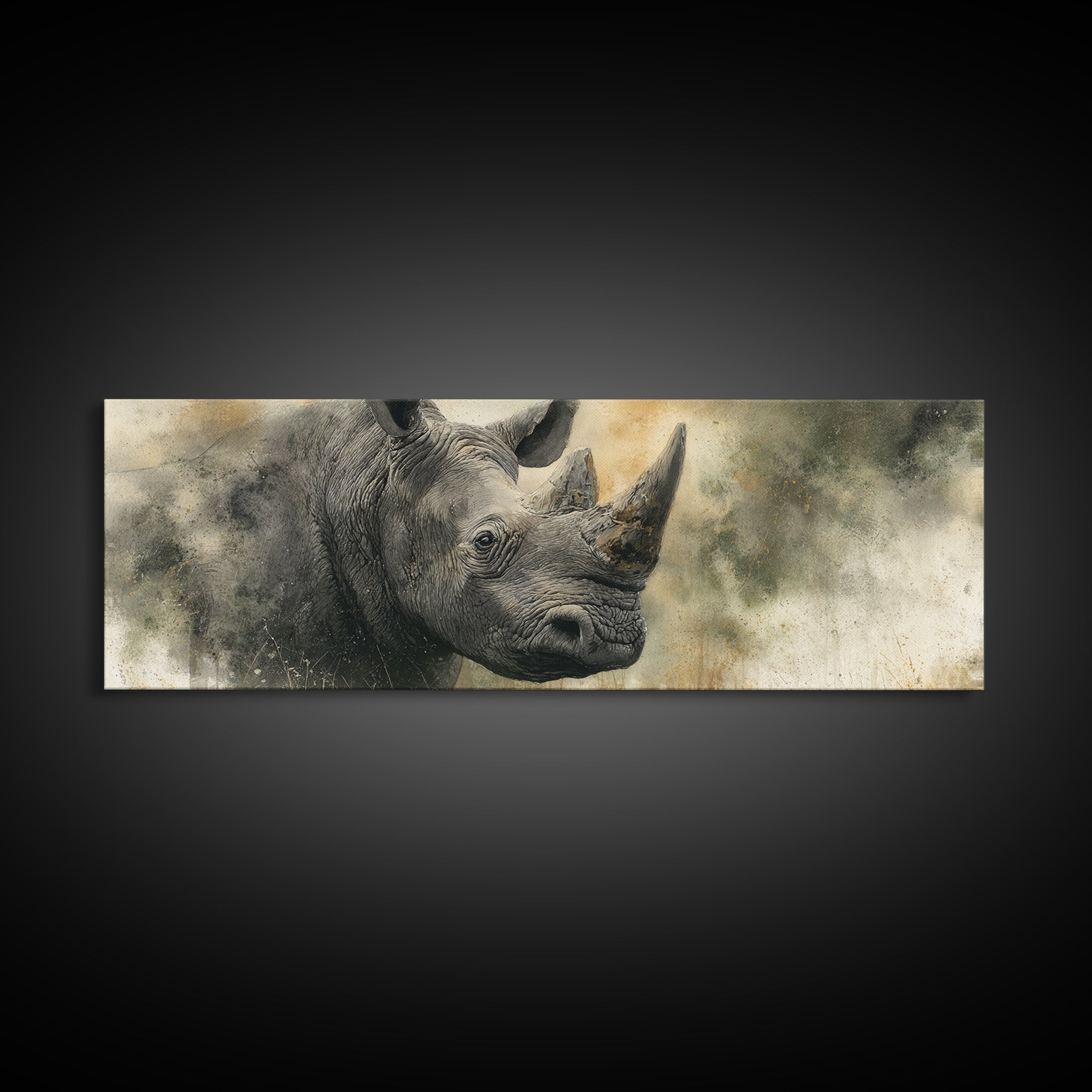 Rhino in Dramatic Stormy Light Canvas Print, Wildlife Art, Art Print, Living Room Decor, Fine Art, Wild, Digital Wall Art, WIL-3x1-48
