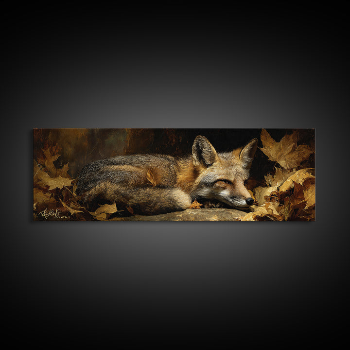 Fox in Autumn Forest Leaves Canvas Print, Wildlife Art, Modern Art, Living Room Decor, Fine Art, Wild, Neutral Decor, WIL-3x1-49