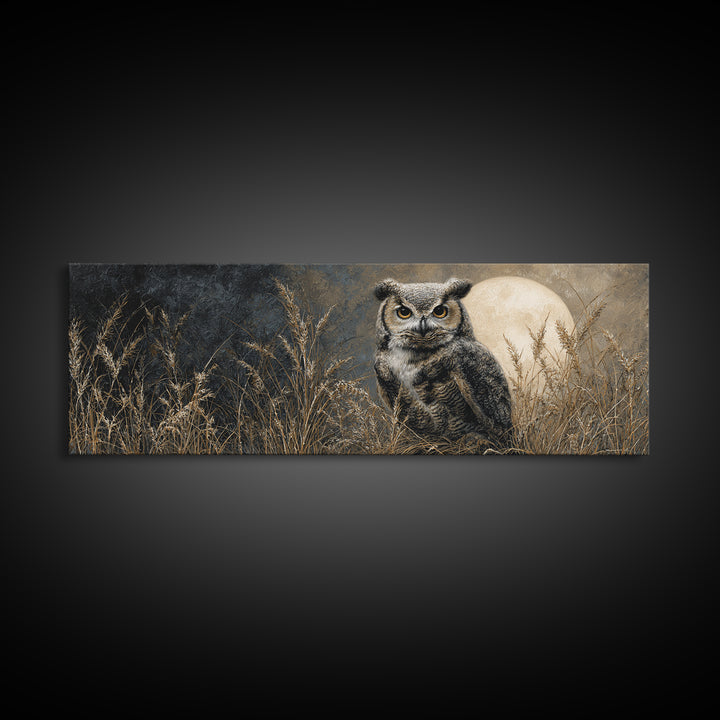 Owl Perched in Moonlit Woodland Framed Canvas Print, Wildlife Art, Room Decor, Living Room Decor, Abstract Art, Wild, WIL-3x1-52