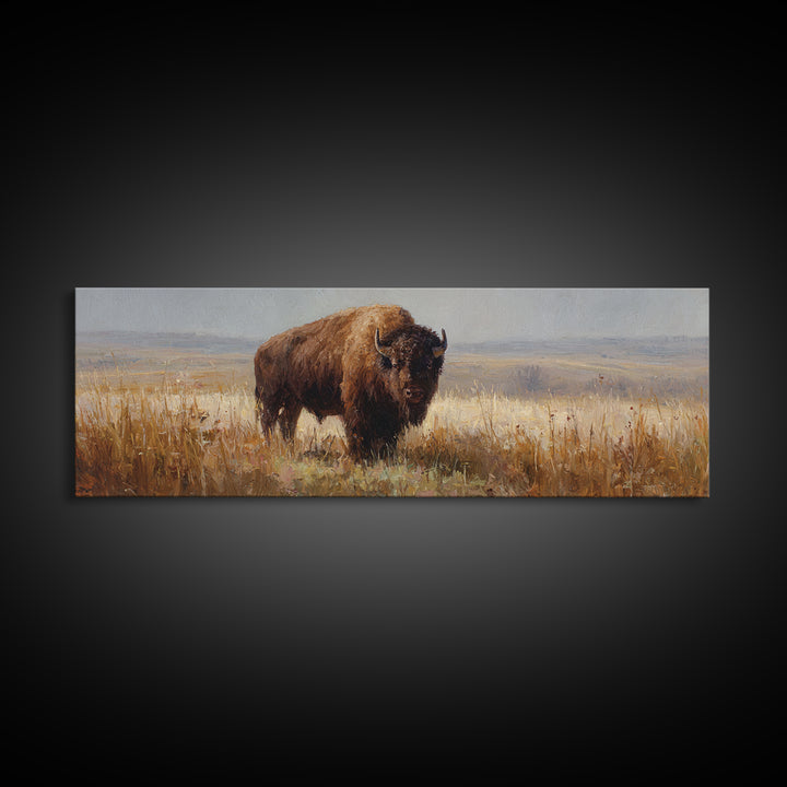 Bison on Wide Western Prairie Framed Canvas Print, Wildlife Art, Landscape Art, Living Room Decor, Fine Art, Wild, Modern Decor, WIL-3x1-53
