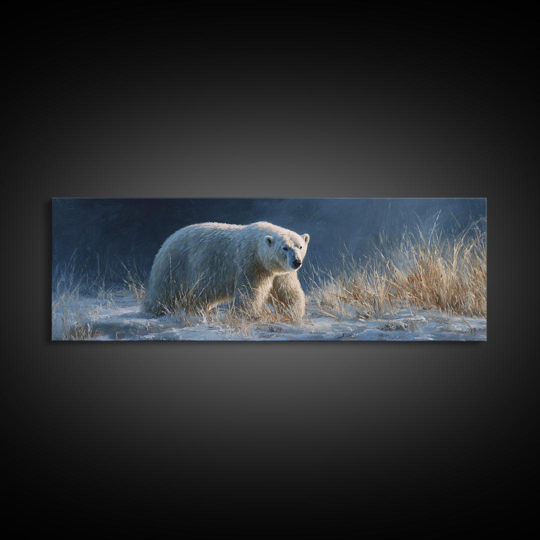 Polar Bear Crossing Blue Ice Framed Canvas Print, Wildlife Art, Contemporary Art, Living Room Decor, Wild, Wall Art Print, WIL-3x1-55