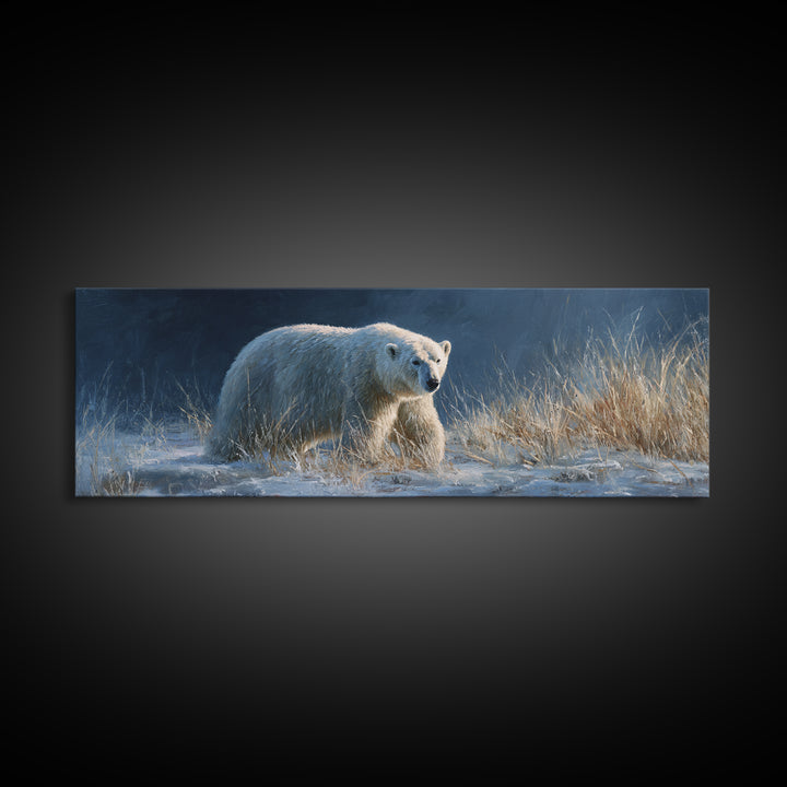 Polar Bear Crossing Blue Ice Framed Canvas Print, Wildlife Art, Contemporary Art, Living Room Decor, Wild, Wall Art Print, WIL-3x1-55