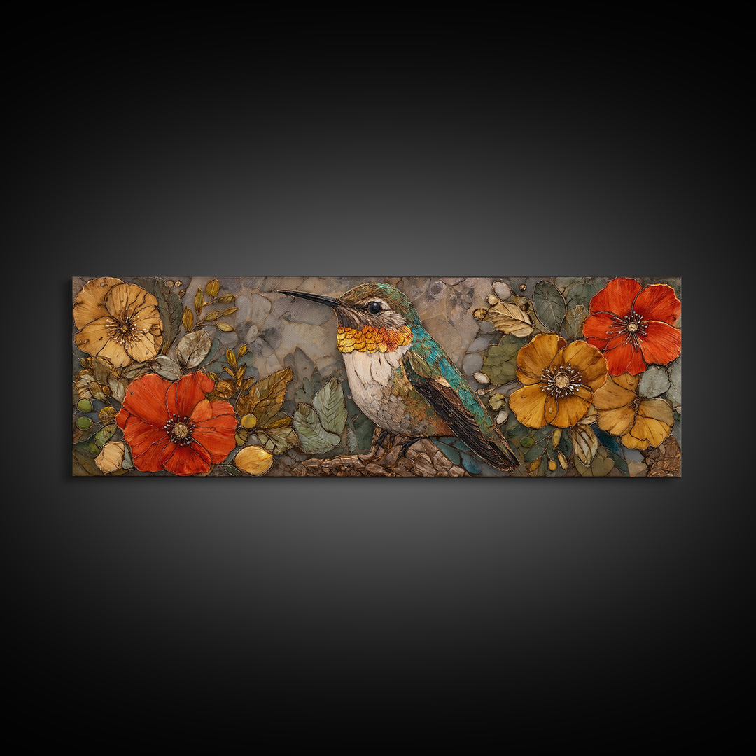 Hummingbird Beside Bright Flowers Framed Canvas Print, Wildlife Art, Textured Painting, Living Room Decor, Oil Painting, Wild, WIL-3x1-56