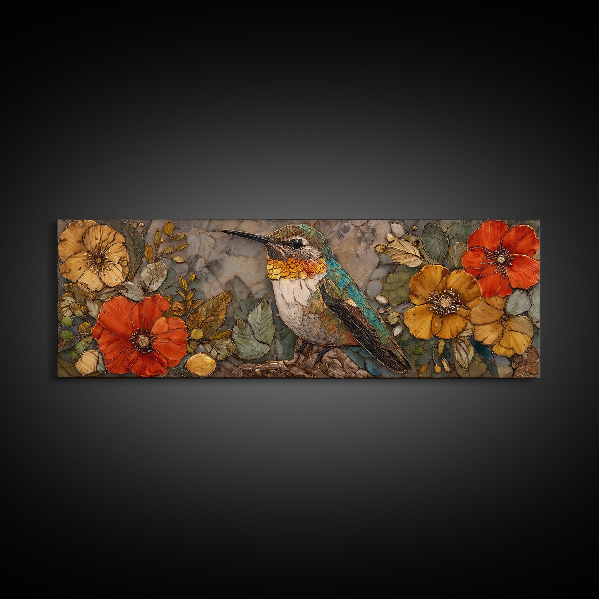 Hummingbird Beside Bright Flowers Framed Canvas Print, Wildlife Art, Textured Painting, Living Room Decor, Oil Painting, Wild, WIL-3x1-56