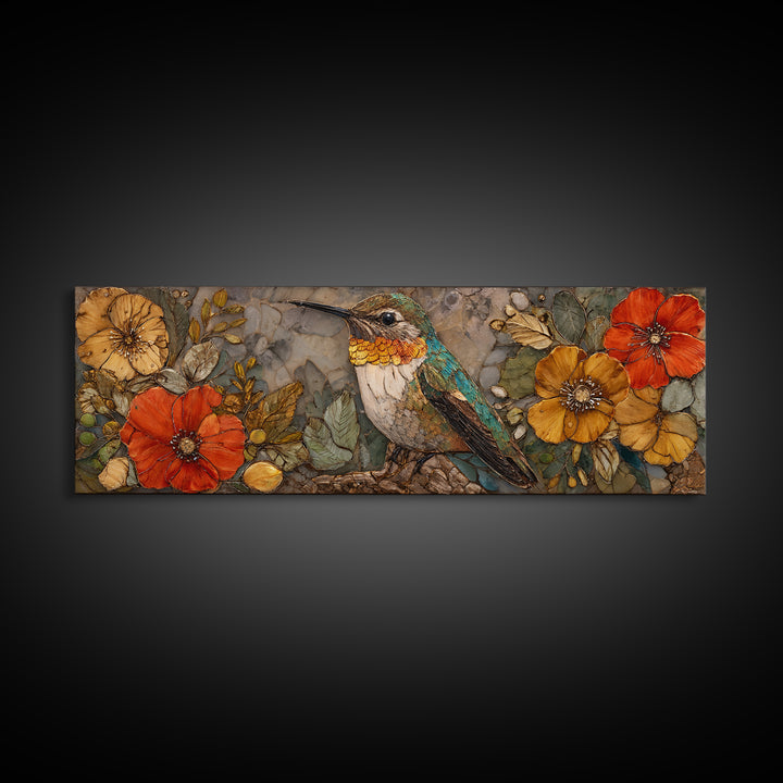 Hummingbird Beside Bright Flowers Framed Canvas Print, Wildlife Art, Textured Painting, Living Room Decor, Oil Painting, Wild, WIL-3x1-56