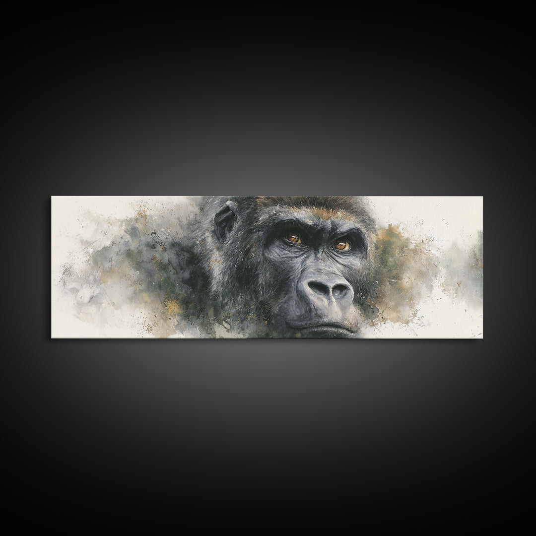 Gorilla Portrait with Powerful Gaze Framed Canvas Print, Wildlife Art, Leopard Wall Art, Living Room Decor, Fine Art, Wild, WIL-3x1-57