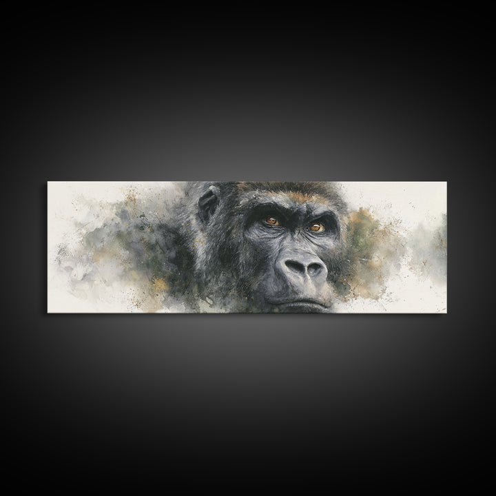 Gorilla Portrait with Powerful Gaze Framed Canvas Print, Wildlife Art, Leopard Wall Art, Living Room Decor, Fine Art, Wild, WIL-3x1-57