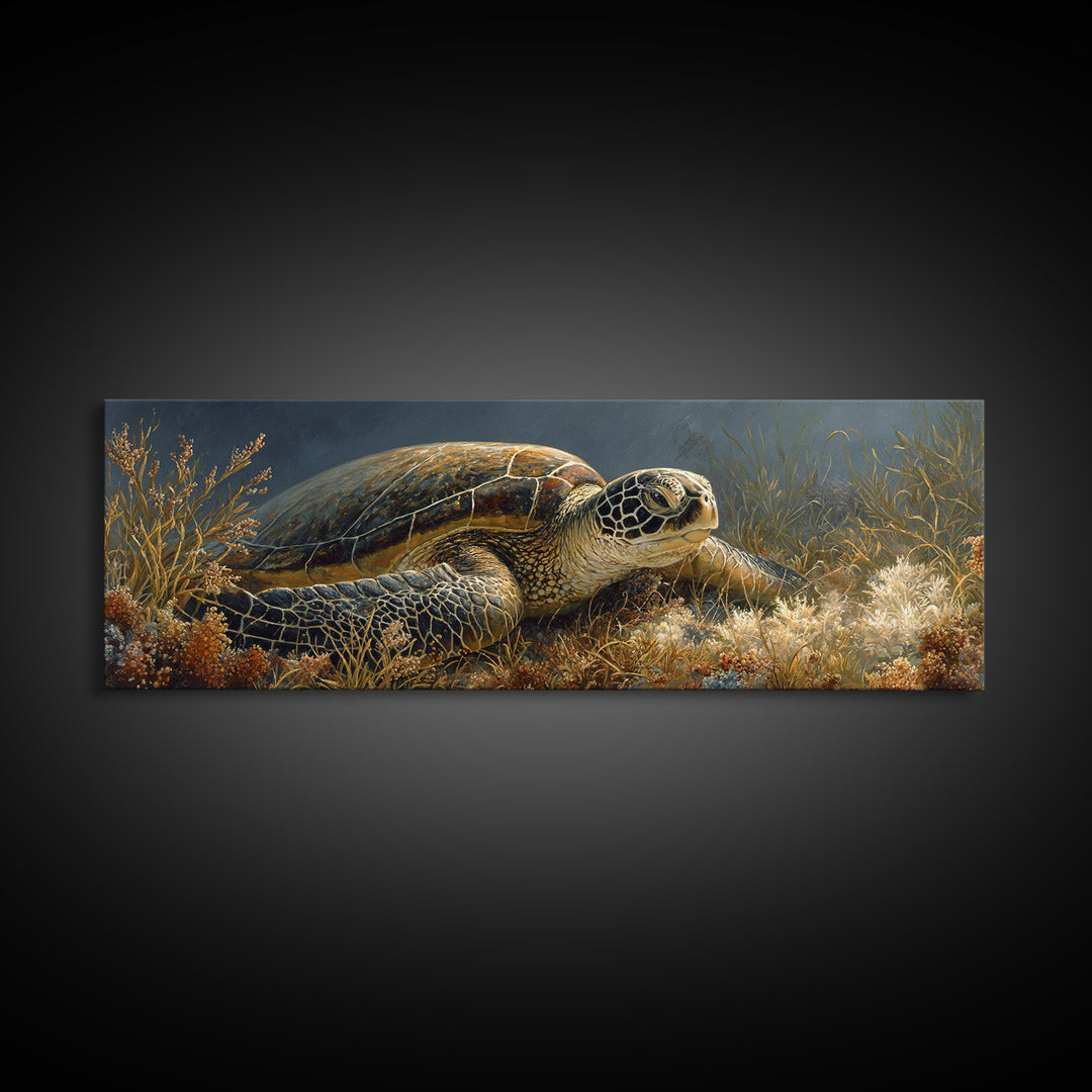 Sea Turtle over Coral Reef Framed Canvas Print, Wildlife Art, Modern Wall Art, Living Room Decor, Fine Art, Wild, Bird Wall Art, WIL-3x1-58