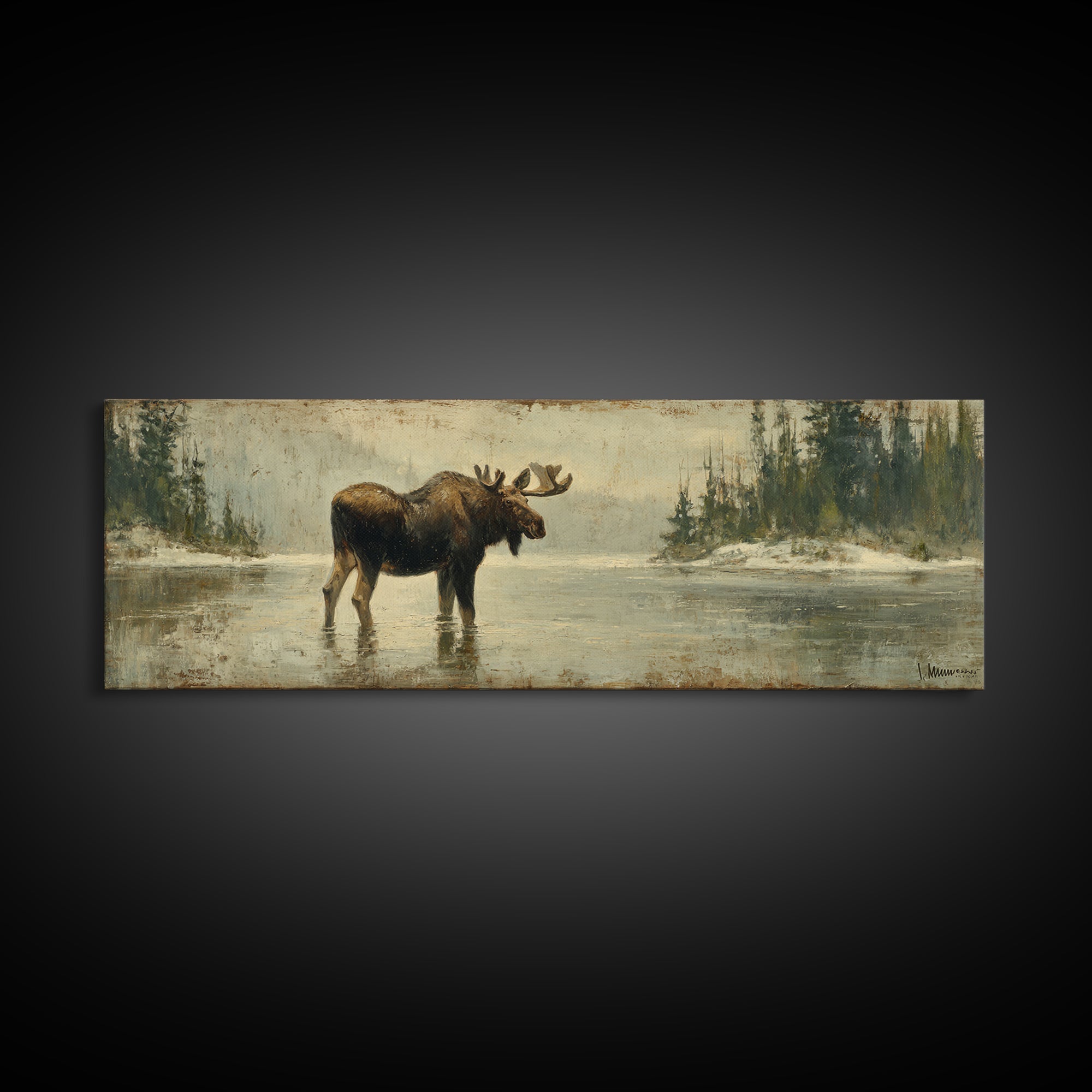 Moose Standing in Reflective Lake Framed Canvas Print, Wildlife Art, Wall Art, Living Room Decor, Wild, Modern Wall Art, WIL-3x1-59