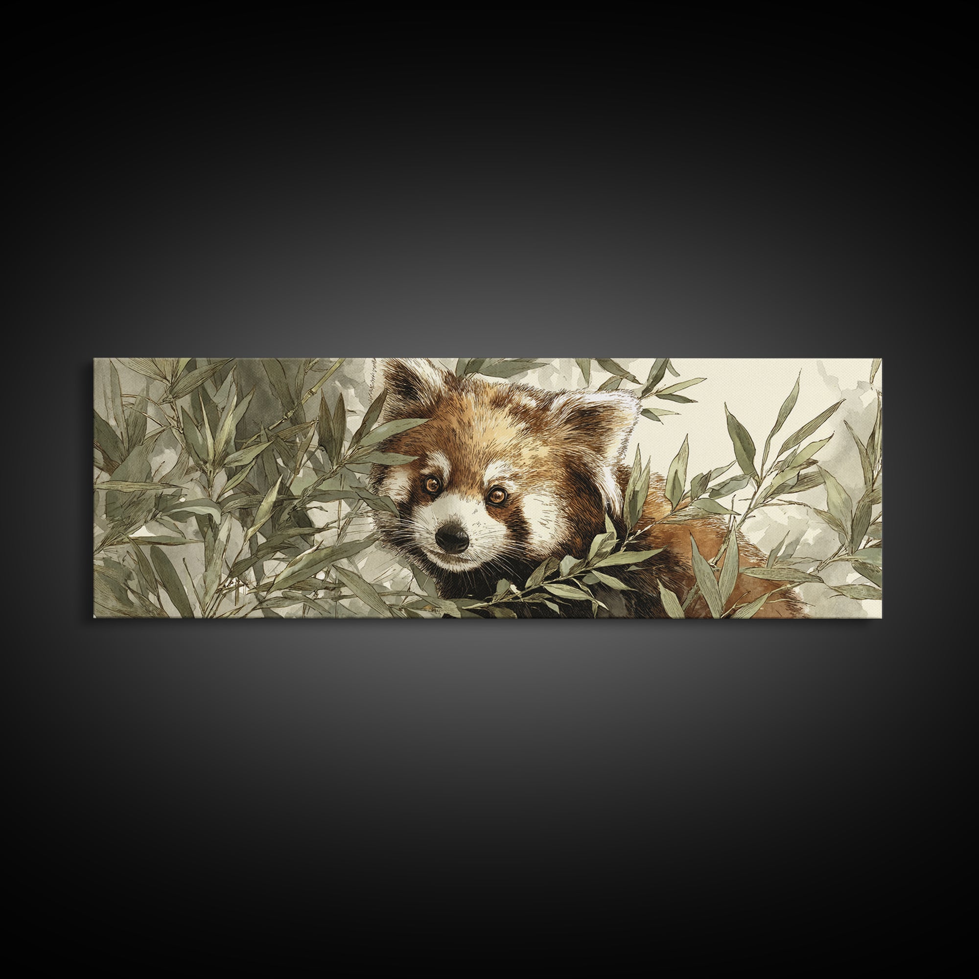 Red Panda Among Bamboo Leaves Framed Canvas Print, Wildlife Art, Boho Decor, Living Room Decor, Fine Art, Wild, Painting, WIL-3x1-60