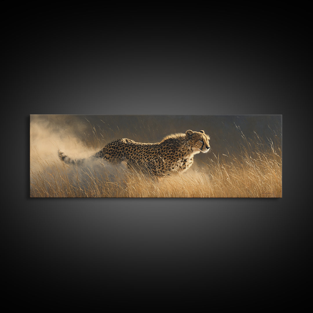 Cheetah Running Through Warm Dust Canvas Print, Wildlife Art, Digital Download Art, Living Room Decor, Oil Painting, Wild, WIL-3x1-61