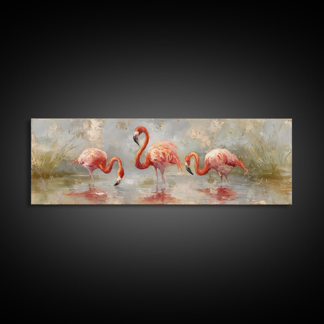 Flamingos in Pink Shallow Water Canvas Print, Wildlife Art, Gallery Decor, Living Room Decor, Oil Painting, Wild, WIL-3x1-62