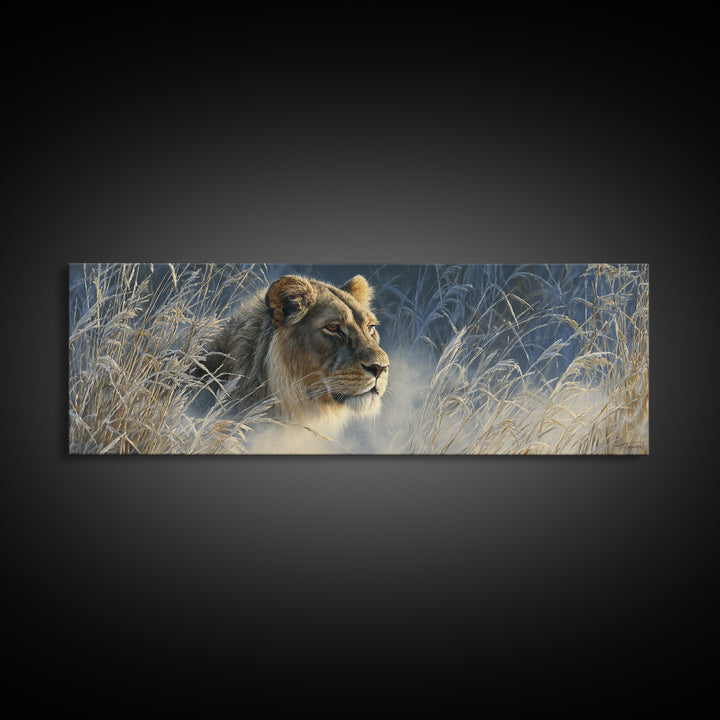 Lion Emerging from Golden Savanna Grass Canvas Print, Wildlife Art, Living Room Art, Living Room Decor, Watercolor Art, Wild, WIL-3x1-65