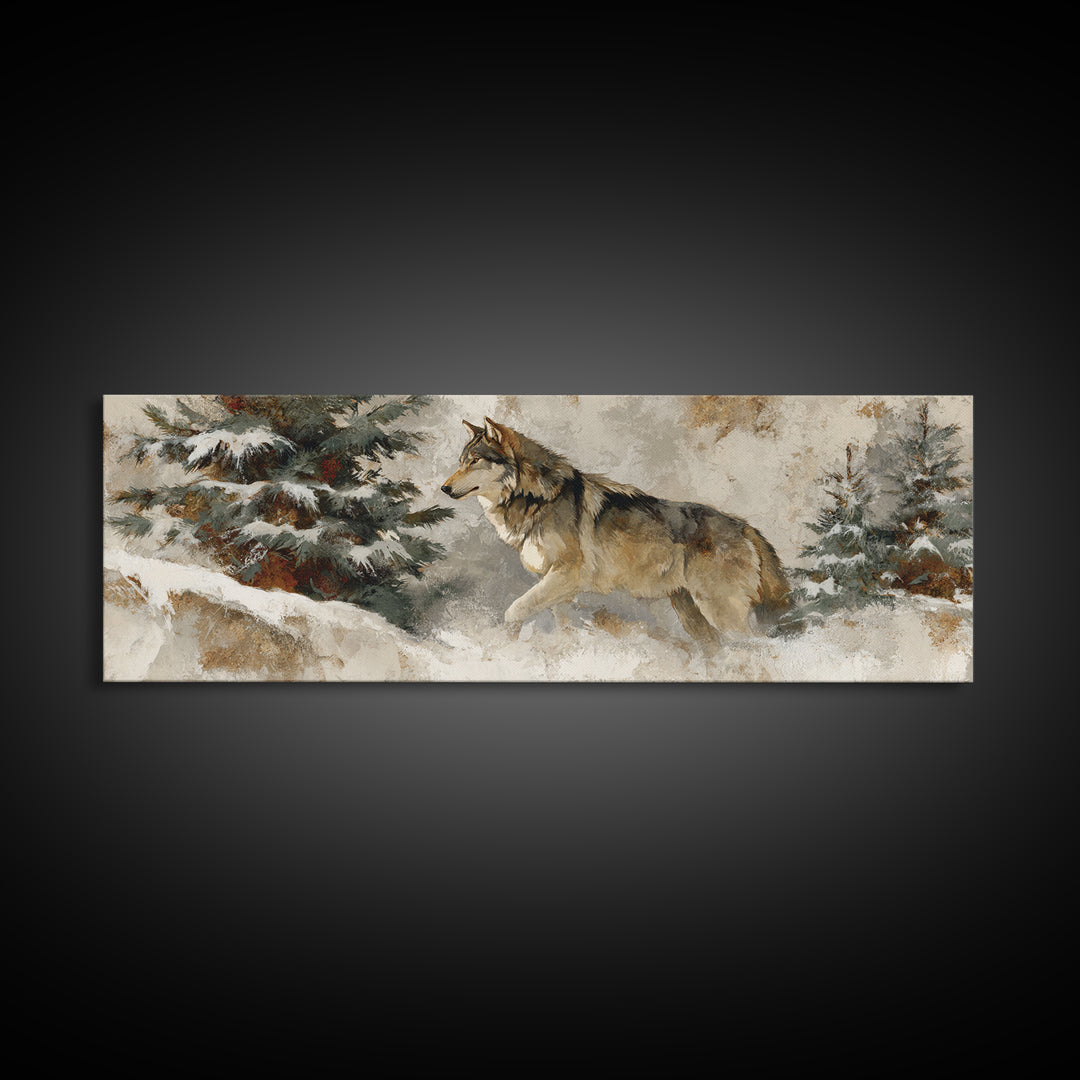 Wolf Standing Beneath Snowy Pine Trees Framed Canvas Print, Wildlife Art, Large Wall Art, Living Room Decor, Abstract Art, Wild, WIL-3x1-67