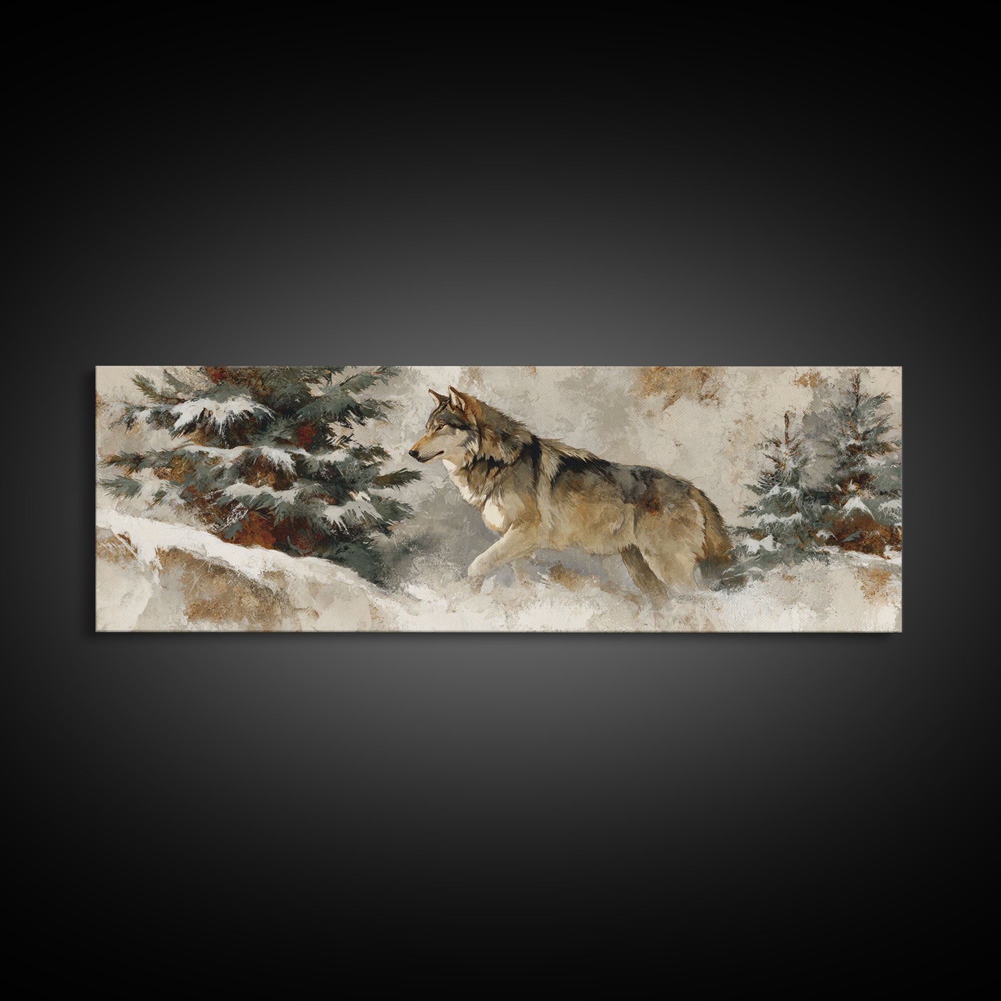 Wolf Standing Beneath Snowy Pine Trees Framed Canvas Print, Wildlife Art, Large Wall Art, Living Room Decor, Abstract Art, Wild, WIL-3x1-67