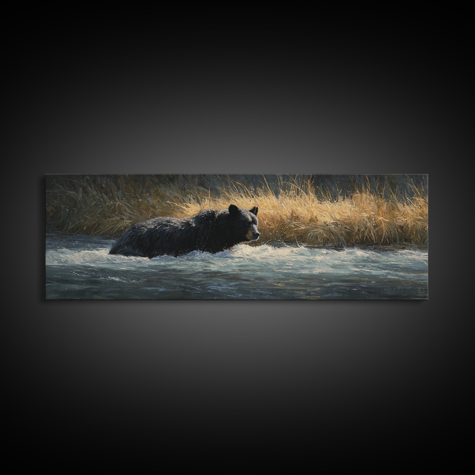 Bear Fishing in Rushing Mountain River Framed Canvas Print, Wildlife Art, Living Room Decor, Watercolor Art, Wild, WIL-3x1-68