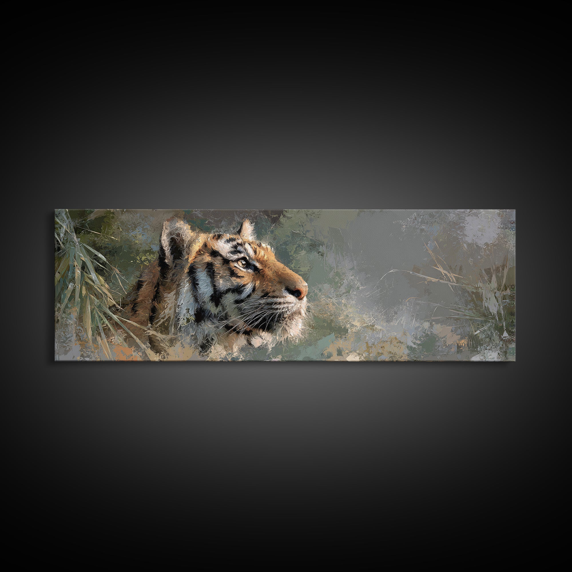 Tiger Portrait with Jungle Shadows Framed Canvas Print, Wildlife Art, Canvas Painting, Living Room Decor, Fine Art, Wild, WIL-3x1-69