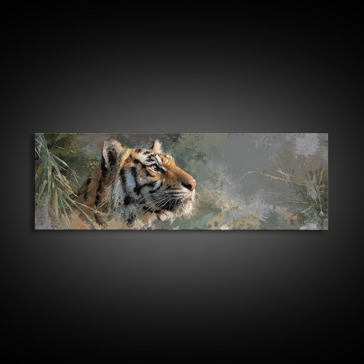 Tiger Portrait with Jungle Shadows Framed Canvas Print, Wildlife Art, Canvas Painting, Living Room Decor, Fine Art, Wild, WIL-3x1-69
