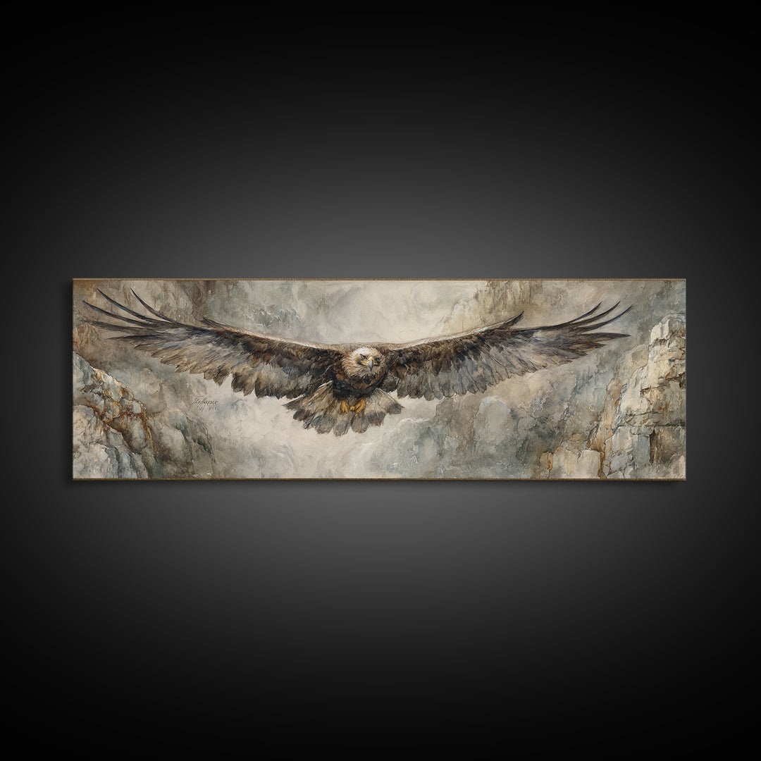 Eagle Soaring Above Rocky Cliffs Canvas Print, Wildlife Art, Art Print, Living Room Decor, Oil Painting, Wild, Digital Wall Art, WIL-3x1-70