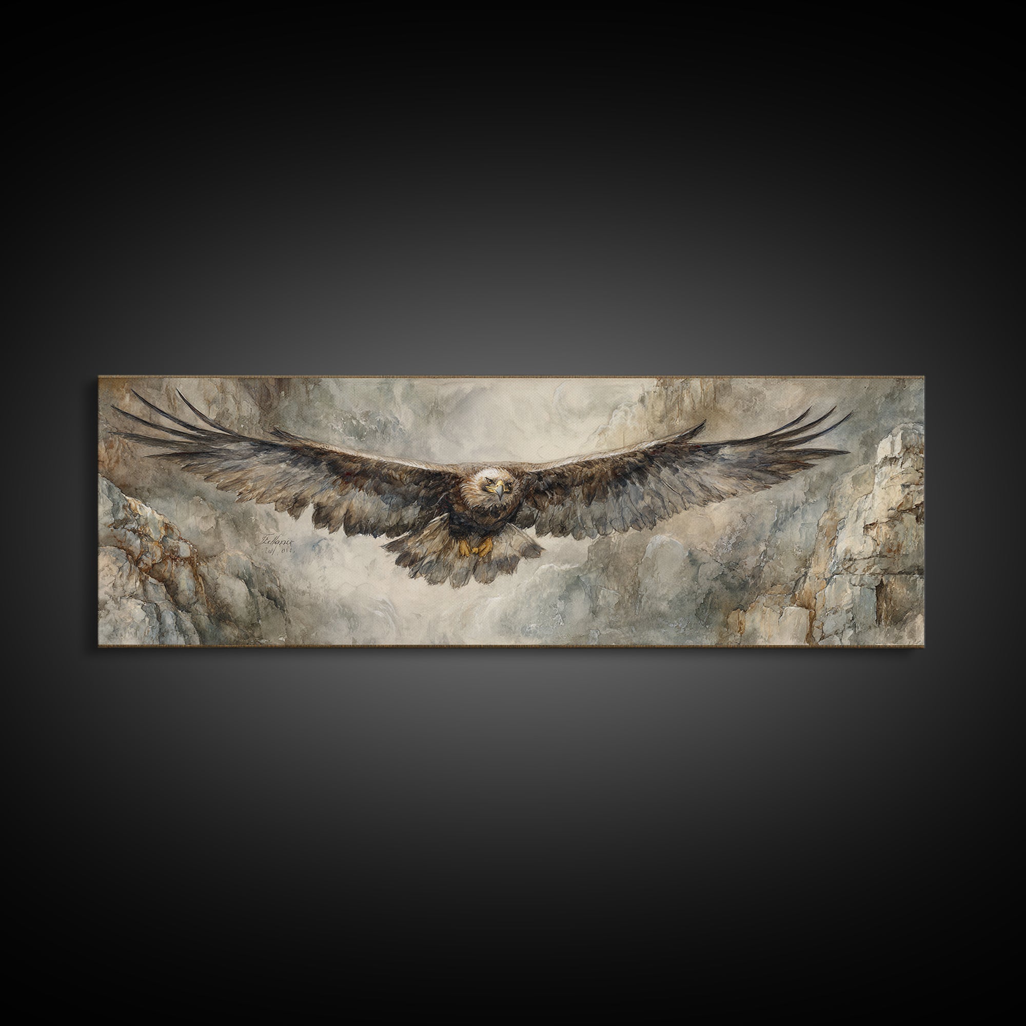 Eagle Soaring Above Rocky Cliffs Canvas Print, Wildlife Art, Art Print, Living Room Decor, Oil Painting, Wild, Digital Wall Art, WIL-3x1-70