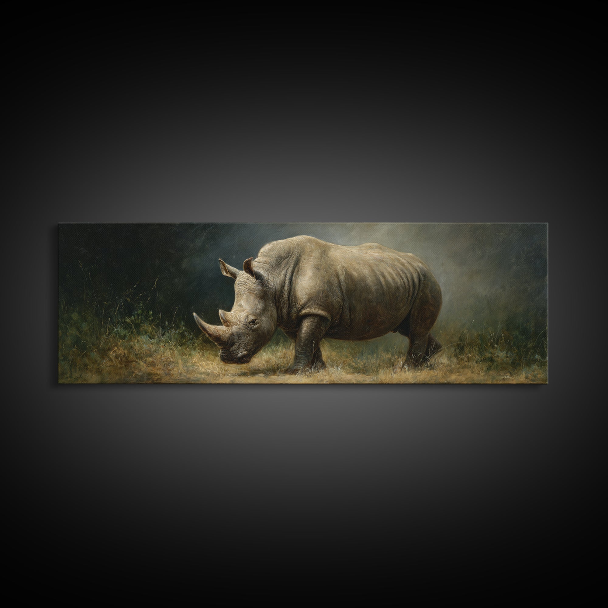 Rhino in Dramatic Stormy Light Framed Canvas Print, Wildlife Art, Wall Art, Living Room Decor, Fine Art, Wild, Modern Wall Art, WIL-3x1-72