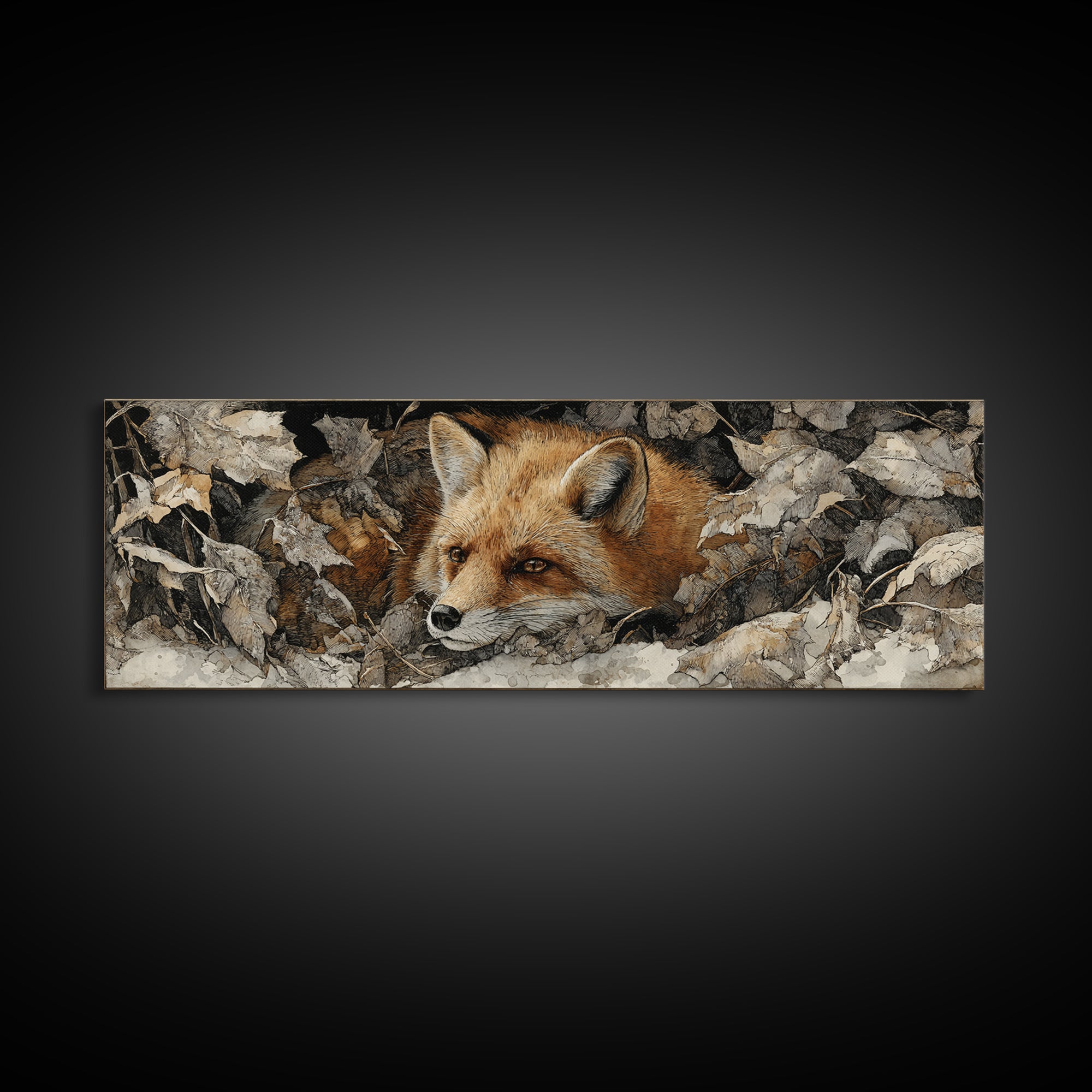 Fox in Autumn Forest Leaves Framed Canvas Print, Wildlife Art, Bird Wall Art, Living Room Decor, Oil Painting, Wild, WIL-3x1-73