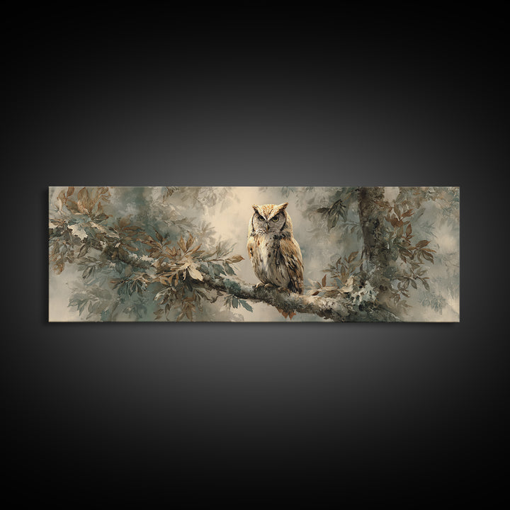 Owl Perched in Moonlit Woodland Canvas Print, Wildlife Art, Home Decor, Living Room Decor, Fine Art, Wild, Boho Wall Decor, WIL-3x1-76