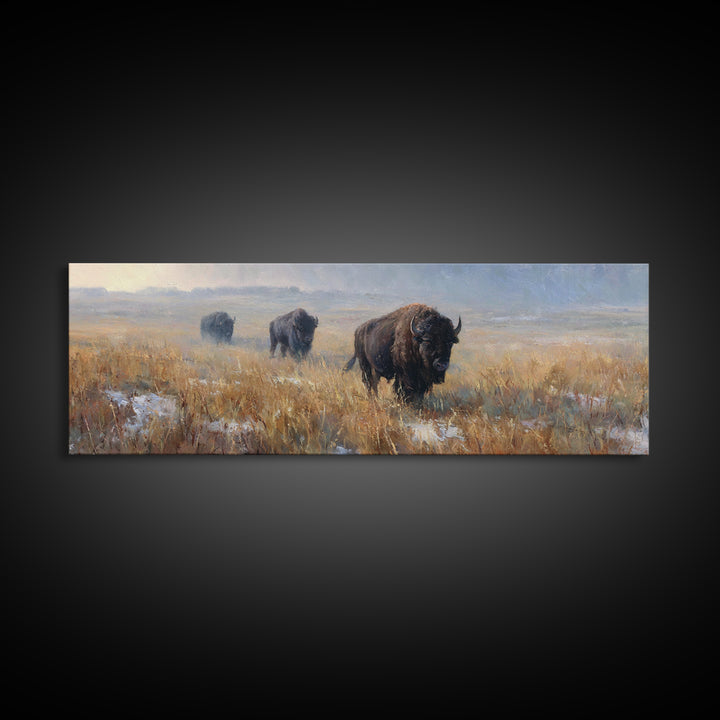 Bison on Wide Western Prairie Framed Canvas Print, Wildlife Art, Landscape Art, Living Room Decor, Fine Art, Wild, Modern Decor, WIL-3x1-77