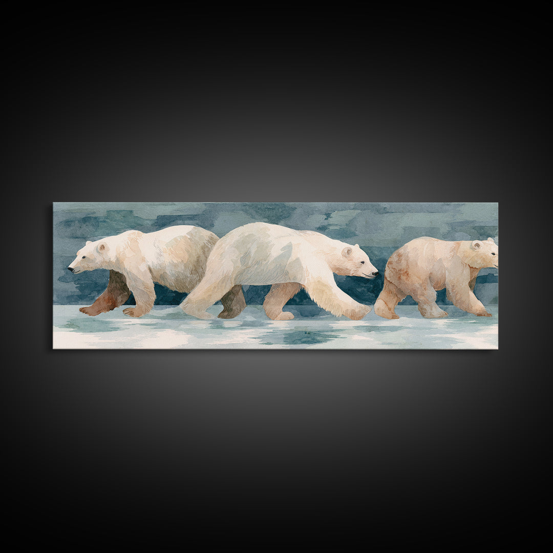 Polar Bear Crossing Blue Ice Framed Canvas Print, Wildlife Art, Living Room Decor, Oil Painting, Wild, Living Room Art, WIL-3x1-79